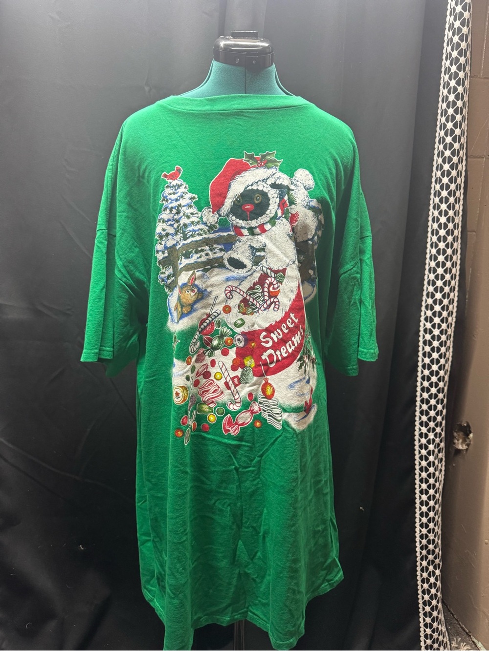Basic Editions Green Holiday Sleep Tee with Festive Bear Graphic